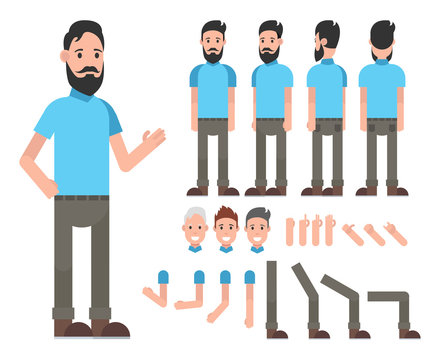 Man Character With Beard. Front, Side, Back View Animated Characters. Vector Illustration.