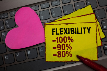 Writing note showing Flexibility 100 90 80. Business photo showcasing How much flexible you are...
