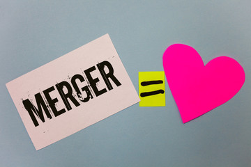 Handwriting text writing Merger. Concept meaning Combination of two things or companies Fusion Coalition Unification Equal symbol sticky notes heart love plane coloured background calculation