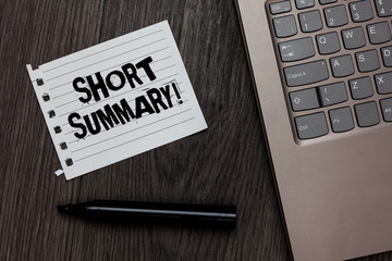 Word writing text Short Summary Motivational Call. Business concept for Brief statement of main points clear Laptop nice computer notebook netbook pen small pitch paper pen wood