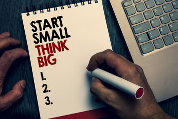 Text sign showing Start Small Think Big. Conceptual photo Initiate with few things have something great in mind Written words and number on notepad man hold marker keyboard on wooden desk