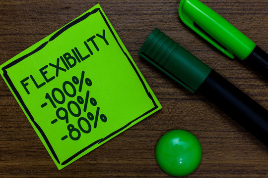 Text sign showing Flexibility 100 90 80. Conceptual photo How much flexible you are maleability level Written on sticky note two markers laid on wooden floor green ball - Powered by Adobe