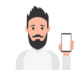 Happy man showing smartphone. Vector illustration.