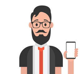 Happy man showing smartphone. Vector illustration.