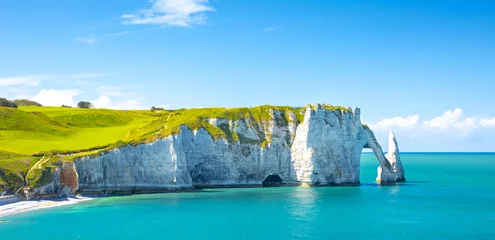 Printed kitchen splashbacks Light blue Picturesque panoramic landscape on the cliffs of Etretat. Natural amazing cliffs. Etretat, Normandy, France, La Manche or English Channel. Coast of the Pays de Caux area in sunny summer day. France