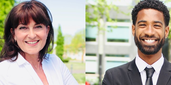 Beautiful businesspeople connecting in a park