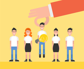 Hand choosing worker who has idea from group of people. Recruitment concept. Vector illustration.
