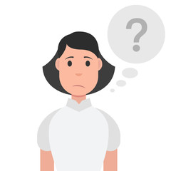 Woman with question mark in think bubble. Vector illustration.