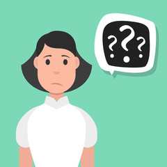 Woman with question mark in think bubble. Vector illustration.