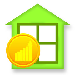 Green house and golden coin with business growth charts
