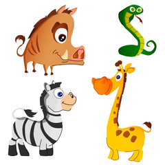 set of cartoon animals isolated on a white background Boar, snake, zebra, giraffe