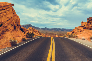 Classic american southwest road during a road trip to famous national parks