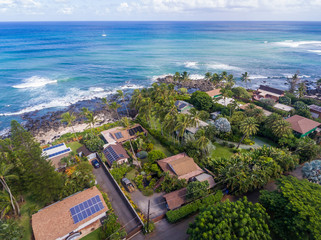 Aerial view of Oceanfront homes on the north shore of Oahu Hawaii - 284198573