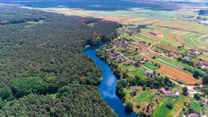 drone with a camera, beautiful summer small river from a height