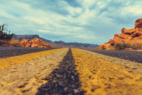 Classic american southwest road during a road trip to famous national parks