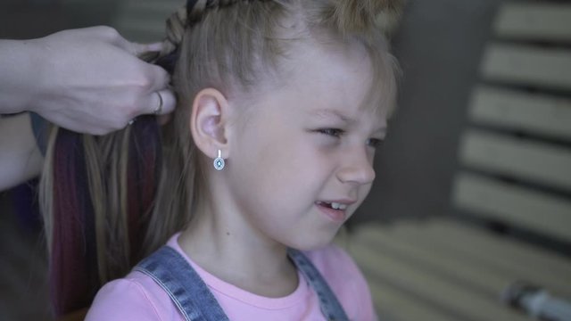 Pigtails are braided to a young girl. Doing a hairstyle at the hairdresser. Style your hair.