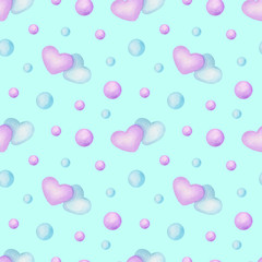 Gentle hearts watercolor seamless pattern. Gentle blue and purple hearts. Design for fabric, textile, wallpaper, greeting card.	