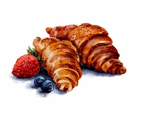 Two croissants with strawberries and blueberries on white background. Watercolor.