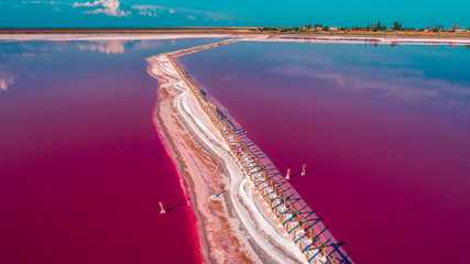aerial view of pink lake and sandy beach