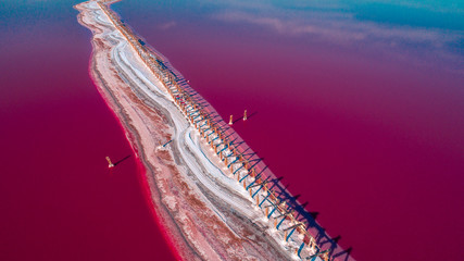 aerial view of pink lake and sandy beach