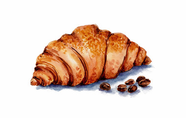 One croissant with coffee beans on a white background. Watercolor.