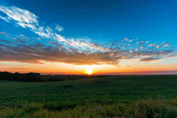 Green Field and Beautiful Sunset
