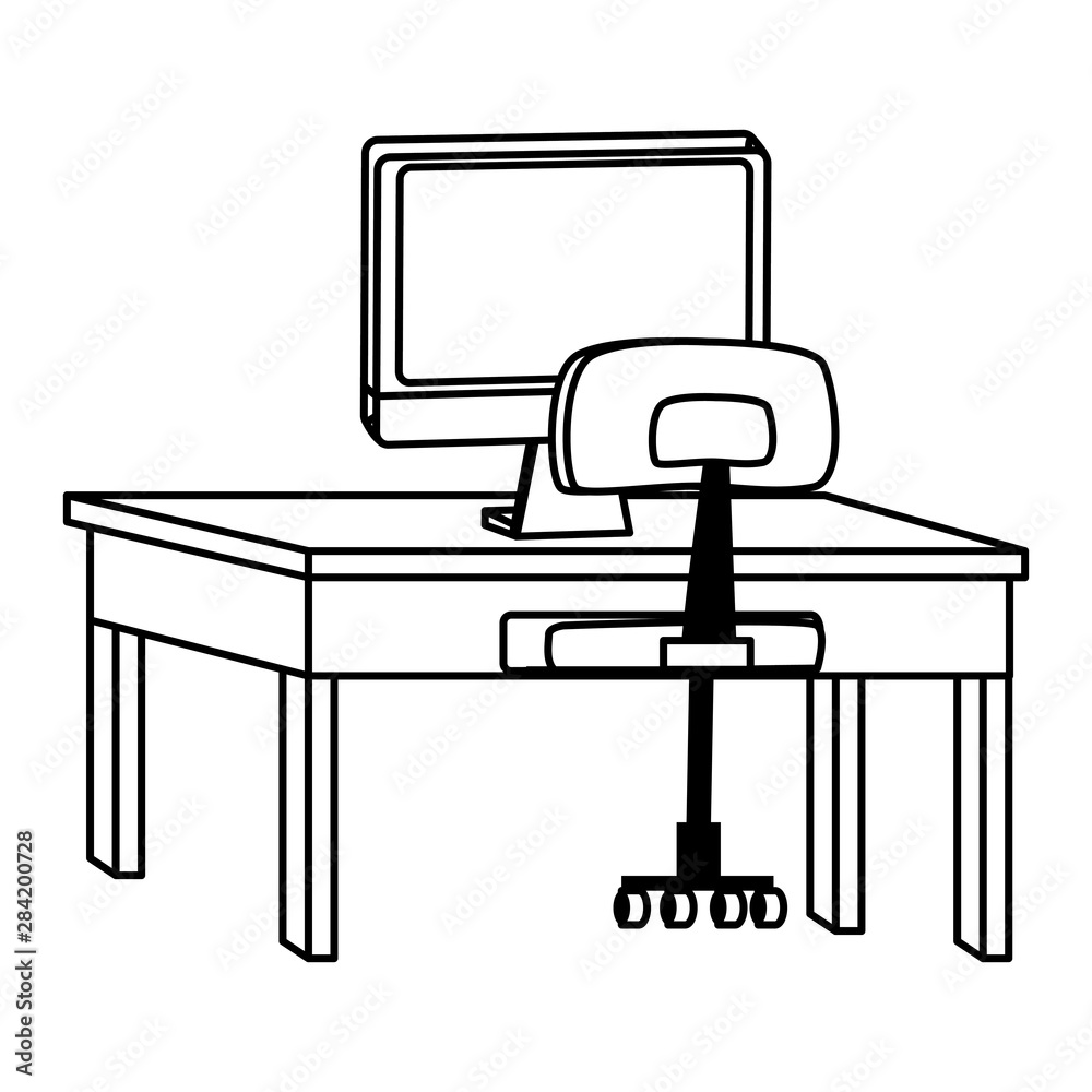 Poster computer on desk with office chair in black and white