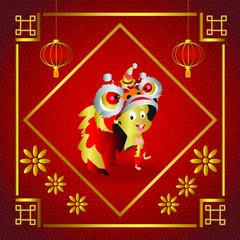 Rat and lion dance in celebration card of chinese rat year. Zodiac animal luck of 2020. Vector