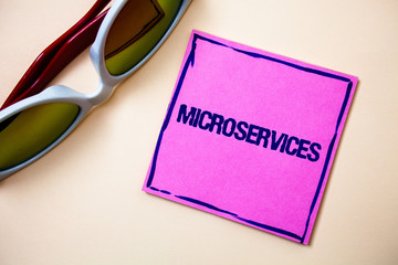 Conceptual hand writing showing Microservices. Business photo text Software development technique Decomposing an application Sticky cards googles glasses office smart script work eye sight