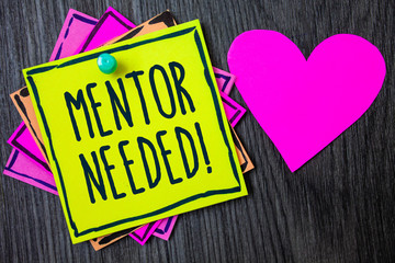 Handwriting text writing Mentor Needed Motivational Call. Concept meaning Guidance advice support training required Border sticky remember cards love heart pinned dark woody background