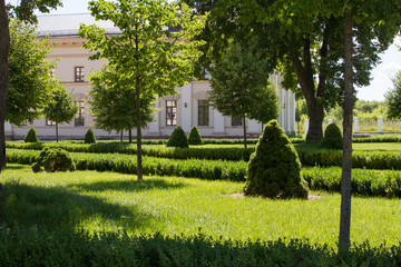 Park alley with crushed stone path with green trimmed trees and bushes, copyspace