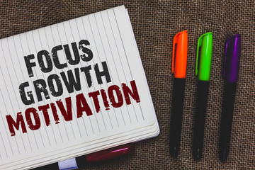 Text sign showing Focus Growth Motivation. Conceptual photo doing something with accuracy increase productivity Open notebook page jute background colorful markers Expressing ideas