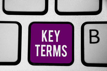 Writing note showing Key Terms. Business photo showcasing Words that can help a person in searching information they need Keyboard purple key Intention computer computing reflection document