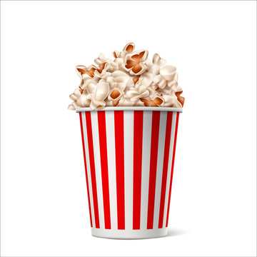 Realistic popcorn in red white striped paper bucket. Traditional movie, theater snack container. Vector cinema food symbol. Entertainment box.