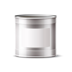 Realistic blank tin can, silver paint bucket. Vector silver container without label for food product design. Cylinder metal canister, aluminium store container.