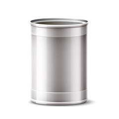 Realistic blank tin can. Vector silver container without label for food product design. Cylinder metal canister, aluminium store container.
