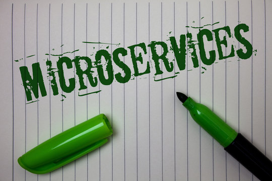 Handwriting text Microservices. Concept meaning Software development technique Decomposing an application Linned paper background pen cap marker highlighter ink green drawing