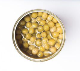 open peas in brine canned , canned food isolated on white background