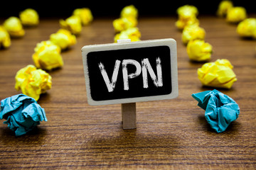 Conceptual hand writing showing Vpn. Business photo showcasing Secured virtual private network across confidential domain protected Creative idea paper object inspiration several tries