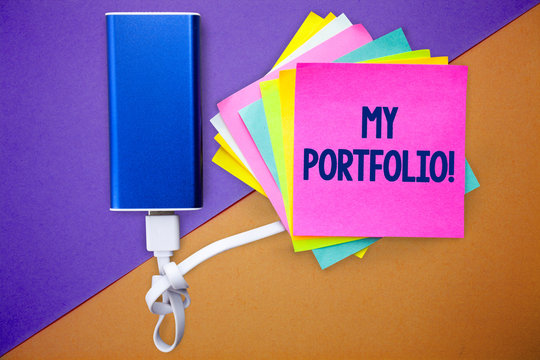 Word writing text My Portfolio Motivational Call. Business concept for Samples of work Art drawings photography Multiple colour sticky remember cards data cable learn send message
