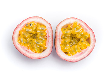 Half cut passion fruit isolated on white background, sour fruit, fruit background, healthy food