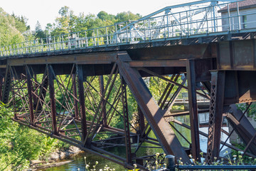 A fragment of the construction of a railway bridge across the river