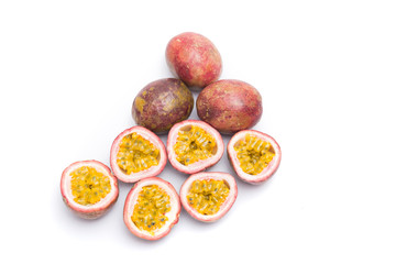 Half cut passion fruit isolated on white background, sour fruit, fruit background, healthy food