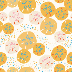 Layered sand dollar seamless pattern in yellow, turquoise and light pink colors. Great for beach wedding invitations, spa and resort fashion, textiles and beach house decor and accessories. Vector.