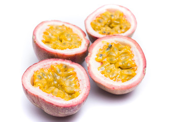 Half cut passion fruit isolated on white background, sour fruit, fruit background, healthy food