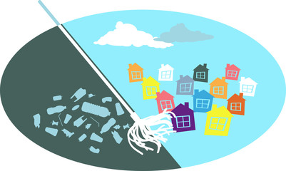 Broom, swiping trash away from a neighborhood, as a symbol for a community clean-up initiative, EPS 8 vector illustration 