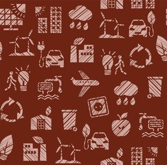 Eco-friendly technology, seamless pattern, pencil hatching, color, dark red, vector. Clean energy, fuel and food production. Future technology. Imitation of pencil hatching. Seamless pattern.  