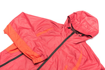 Red yellow and black zipper windbreaker hiking jacket, rain proof jacket hoodie, track jacket sport nylon full zip isolated on white