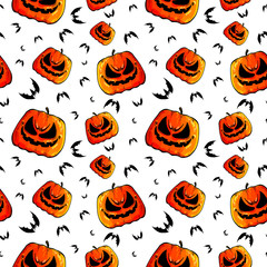 Halloween. Set scary pumpkins and bats. Seamless colorful pattern. Template design packing, white background, textiles of festive for Halloween. Vector illustration