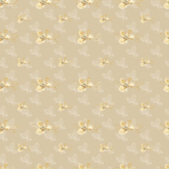 Seamless beige background with white and watercolor golden leaves.